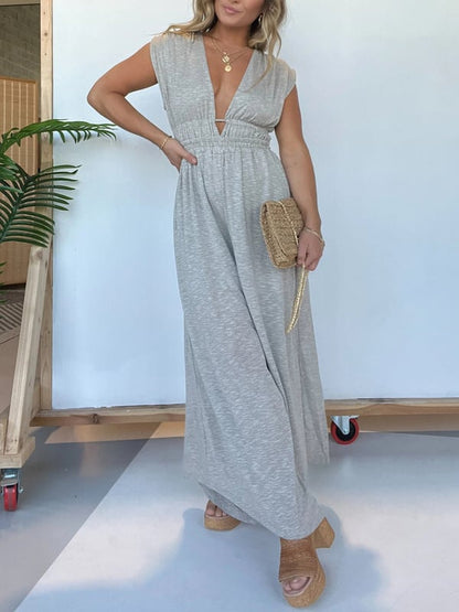 👗2024 NEW DEEP V HI LO HEM JUMPSUIT WITH POCKETS